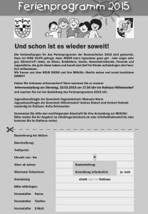 Ferienprogramm Aufruf 2015
